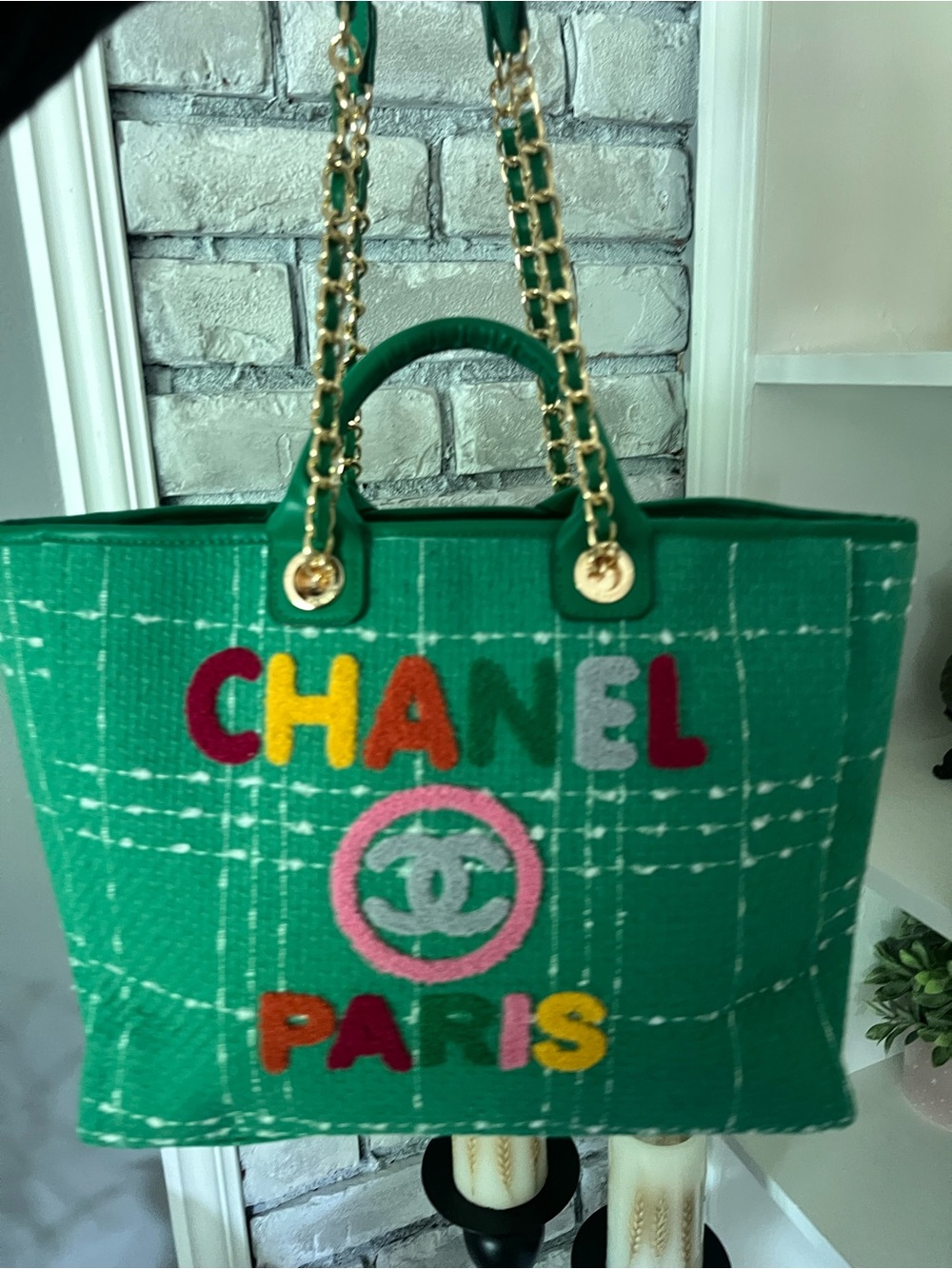 Green Tweed Multicolor Logo Tote with Gold Chain Handles - Picture 2 of 2